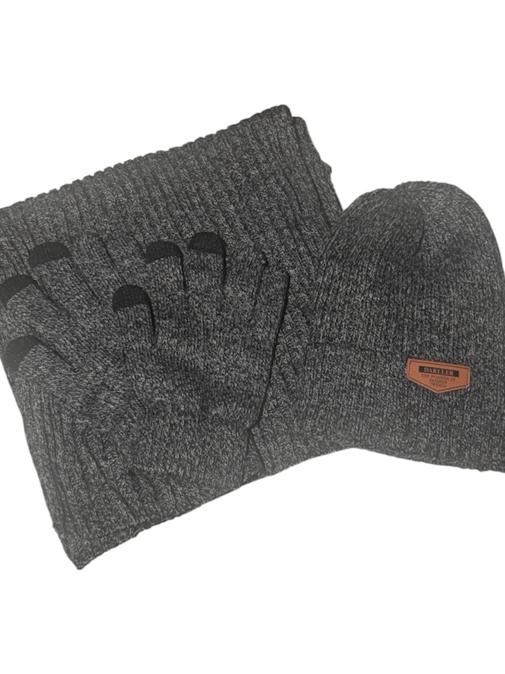 Dark Gray Knit Beanie, Scarf & Touchscreen Gloves Set -